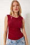 Bordo Büzgü Detaylı Çıtçıtlı Esnek Örme Bluz DP00248