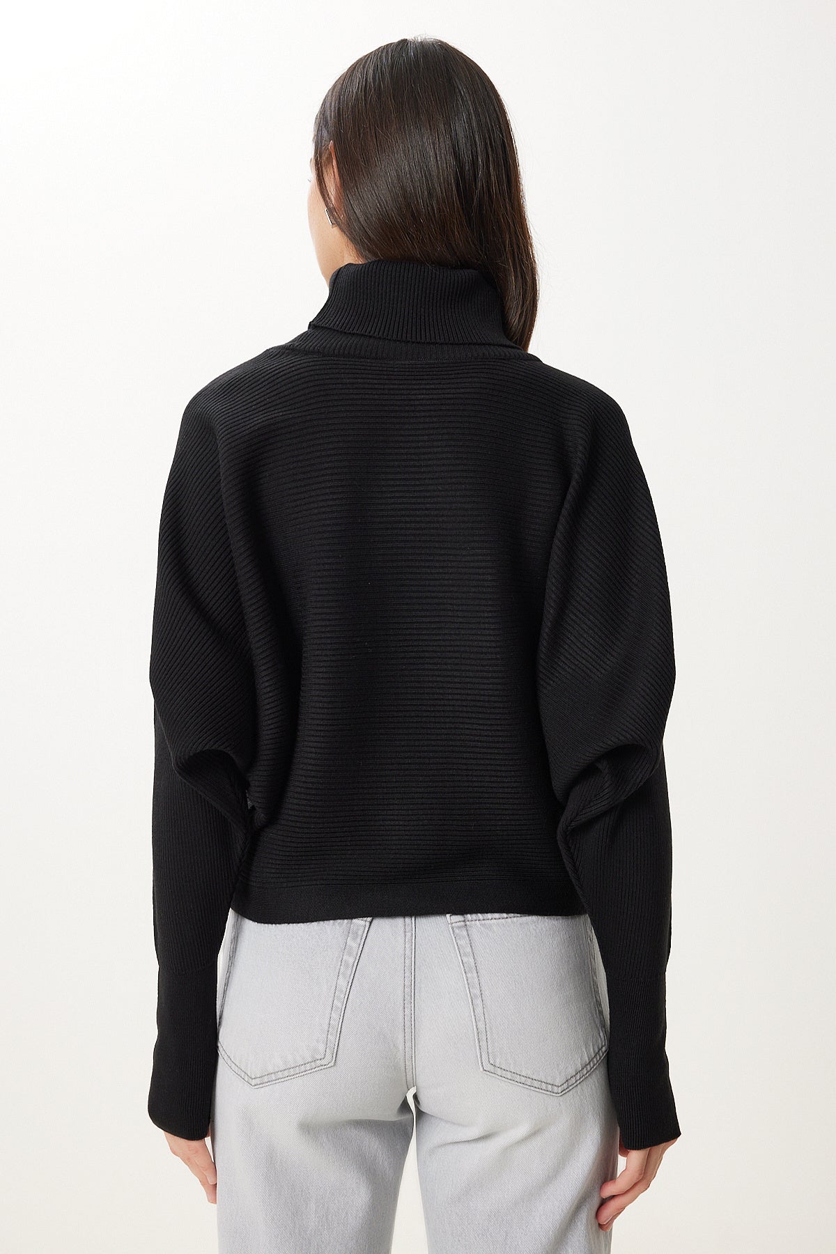 Siyah Parmak Geçmeli Crop Fitilli Triko Kazak MX00238