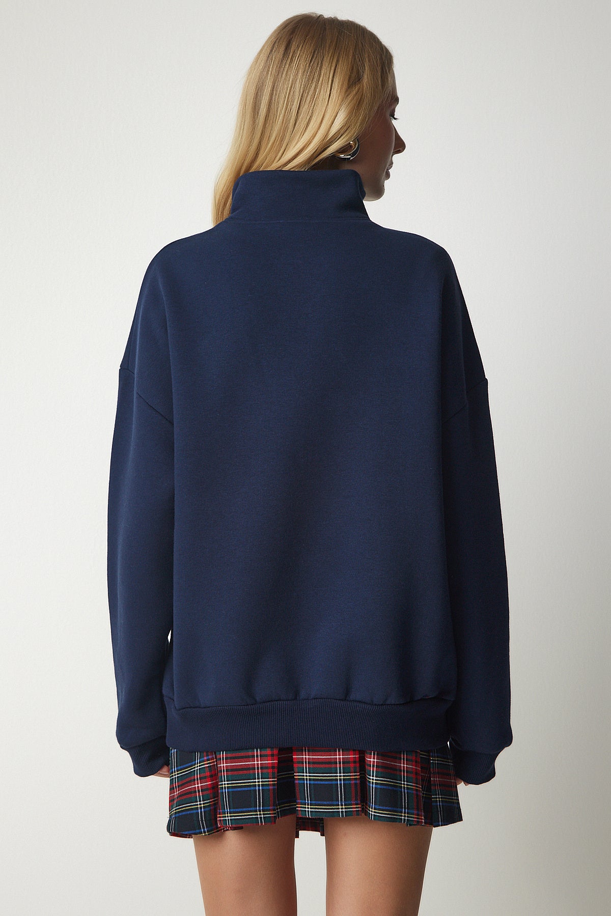 Lacivert Fermuarlı Yaka Baskılı Şardonlu Sweatshirt UB00168