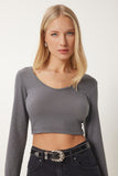Koyu Gri V Yaka Crop Bluz UB00171