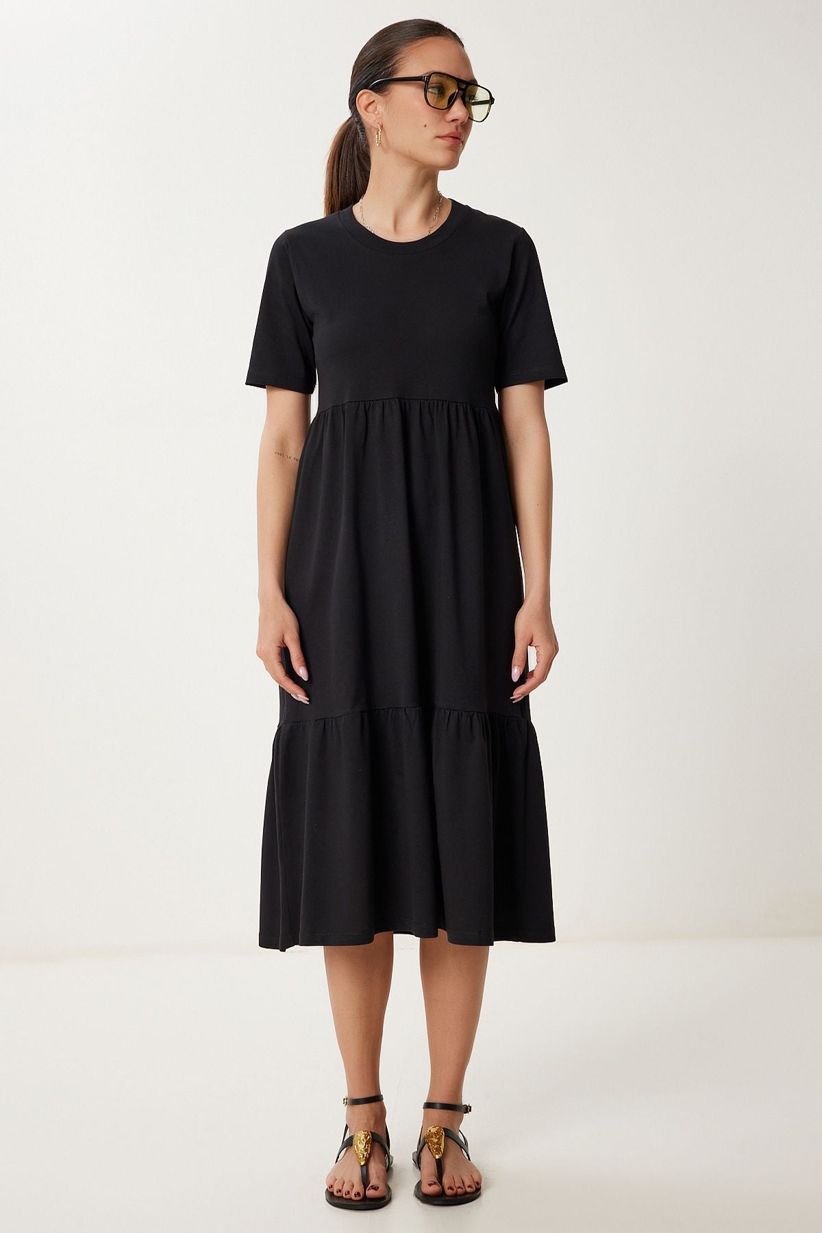 Siyah Oversize Volanlı Yazlık Örme Elbise CR00475