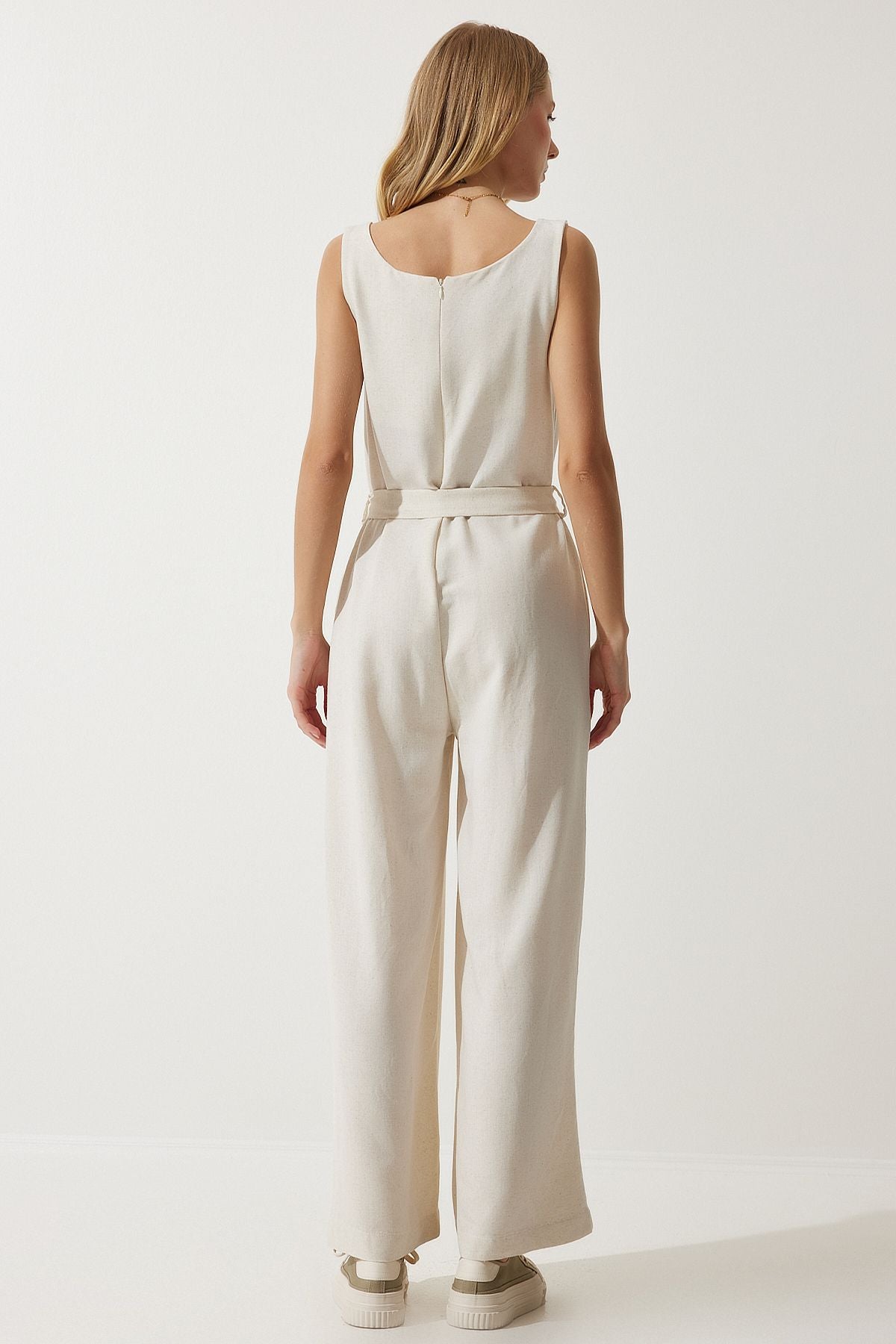 Krem Kuşaklı Keten Tulum MC00282
