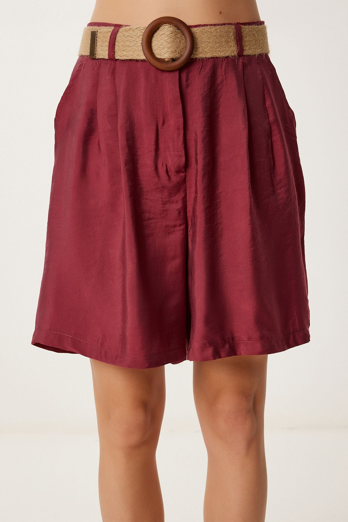 Bordo Hasır Kemerli Şehir Boy Ayrobin Bermuda Şort DP00258