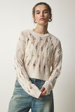 Krem Yırtık Detaylı Ajurlu Crop Triko BV00112