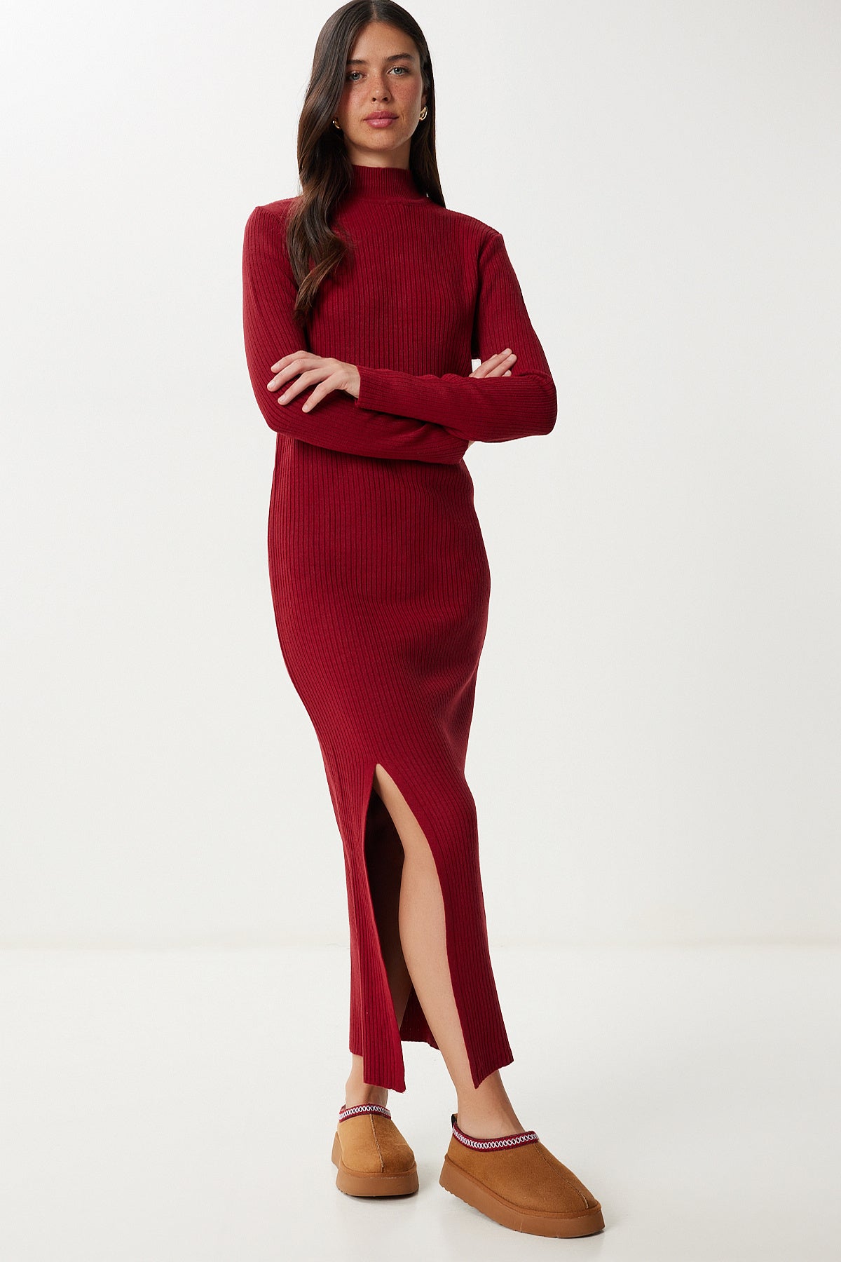 Bordo Yırtmaçlı Esnek Triko Elbise YY00257