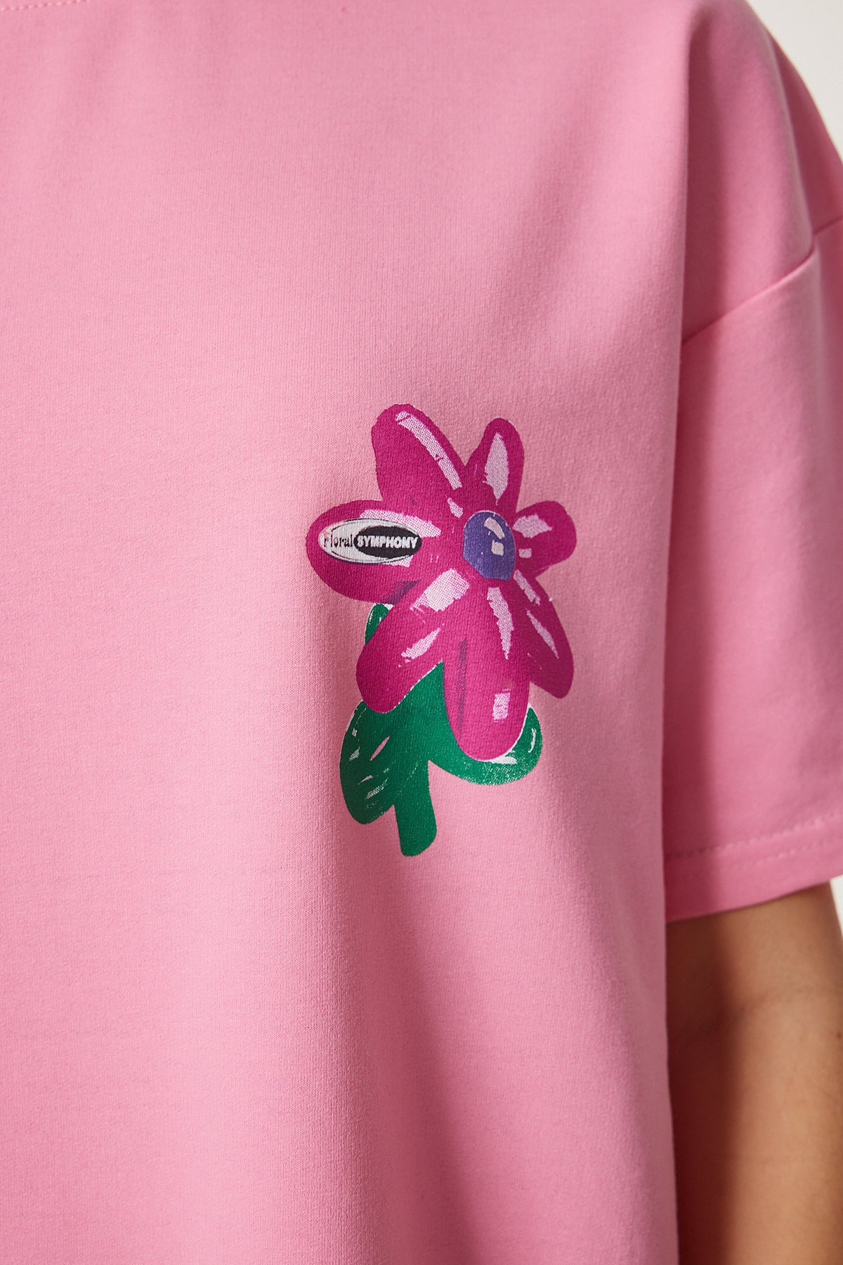 Pembe Çiçek Baskılı Oversize Örme T-Shirt ZV00282