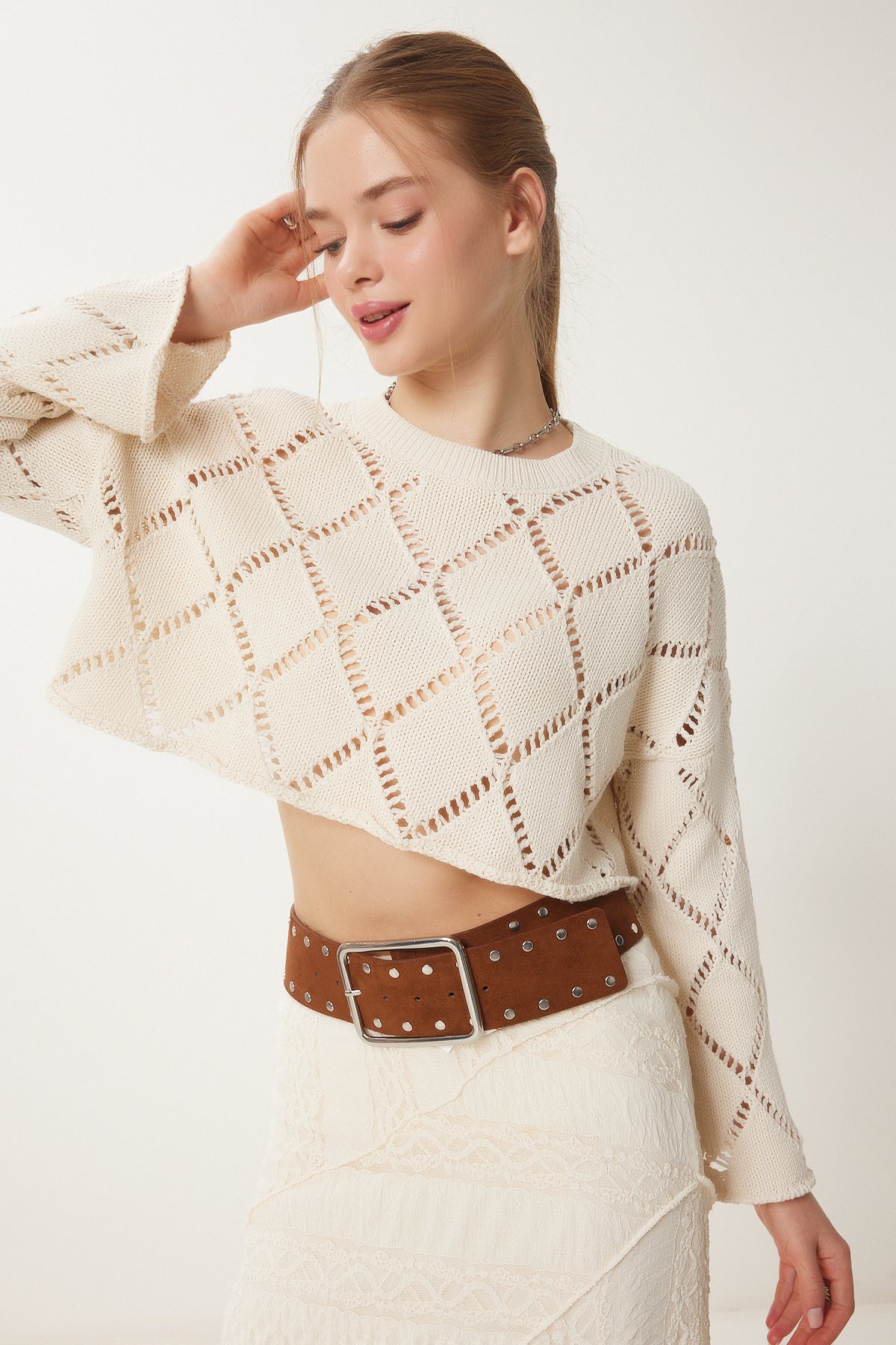 Krem İspanyol Kol Ajurlu Crop Triko Kazak DM00105