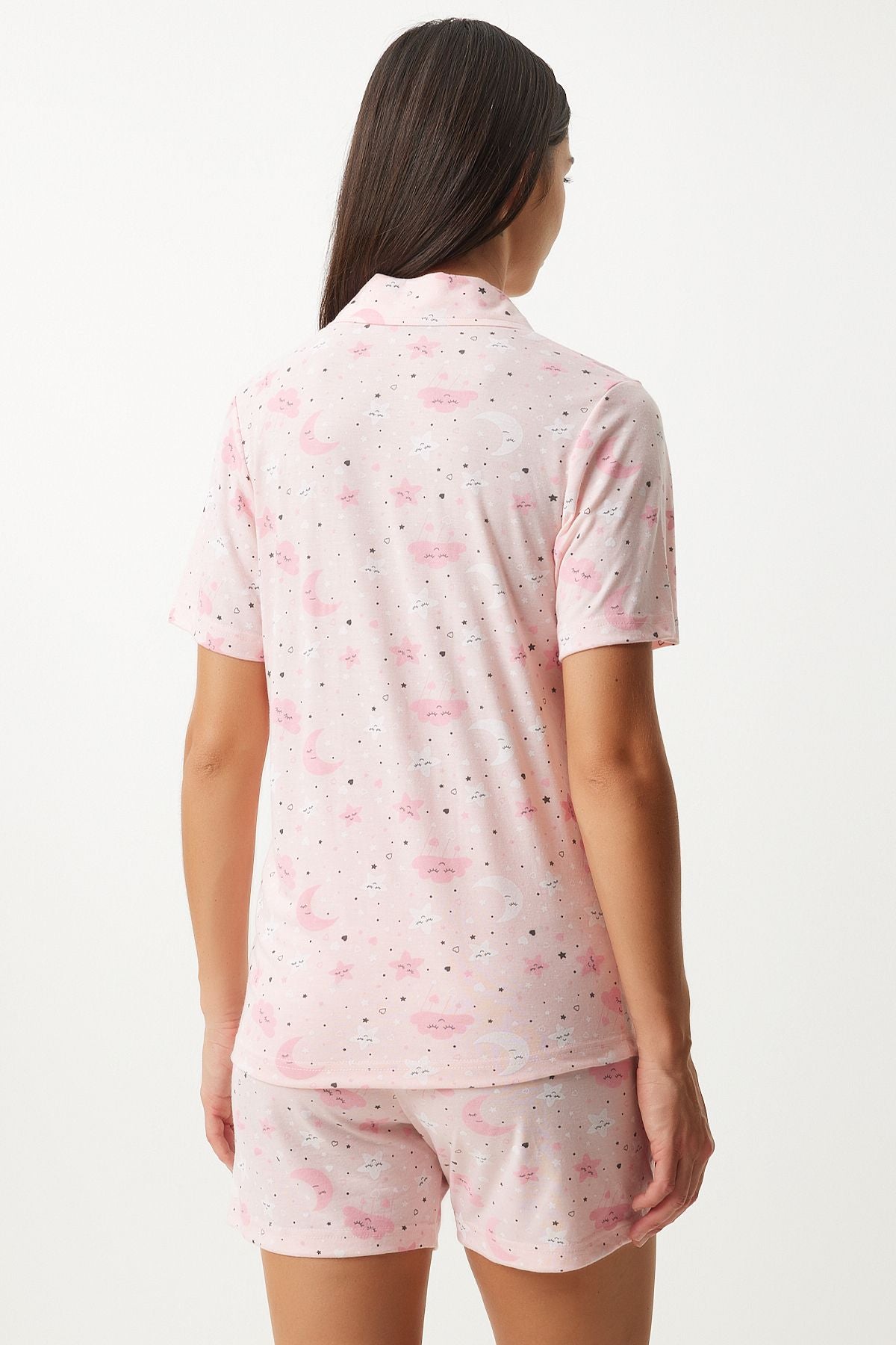 Açık Pembe Desenli Viskon Şort Gömlek Pijama Takımı EC00044