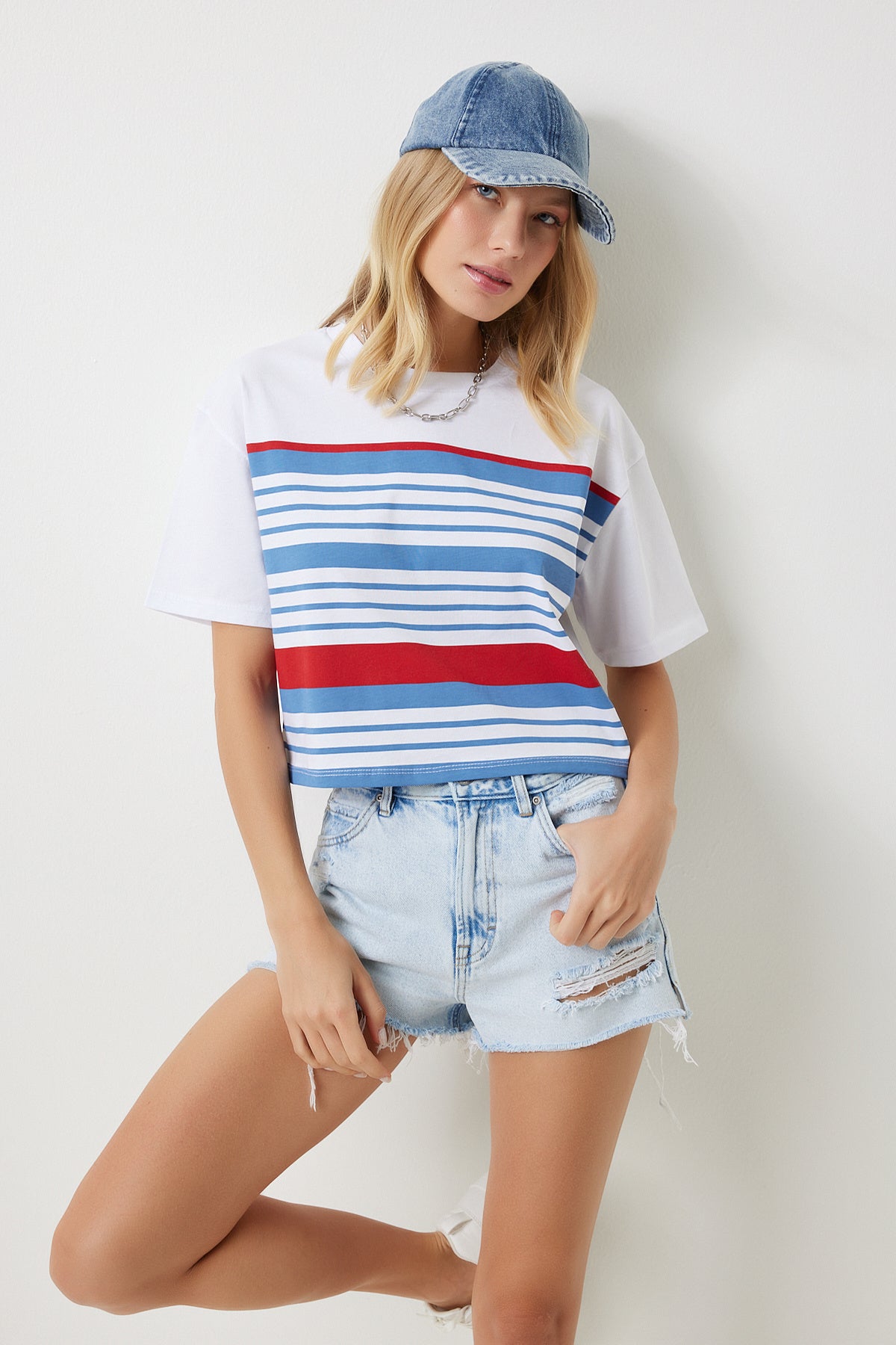 Beyaz Mavi Bisiklet Yaka Çizgili Örme T-Shirt NJ00151