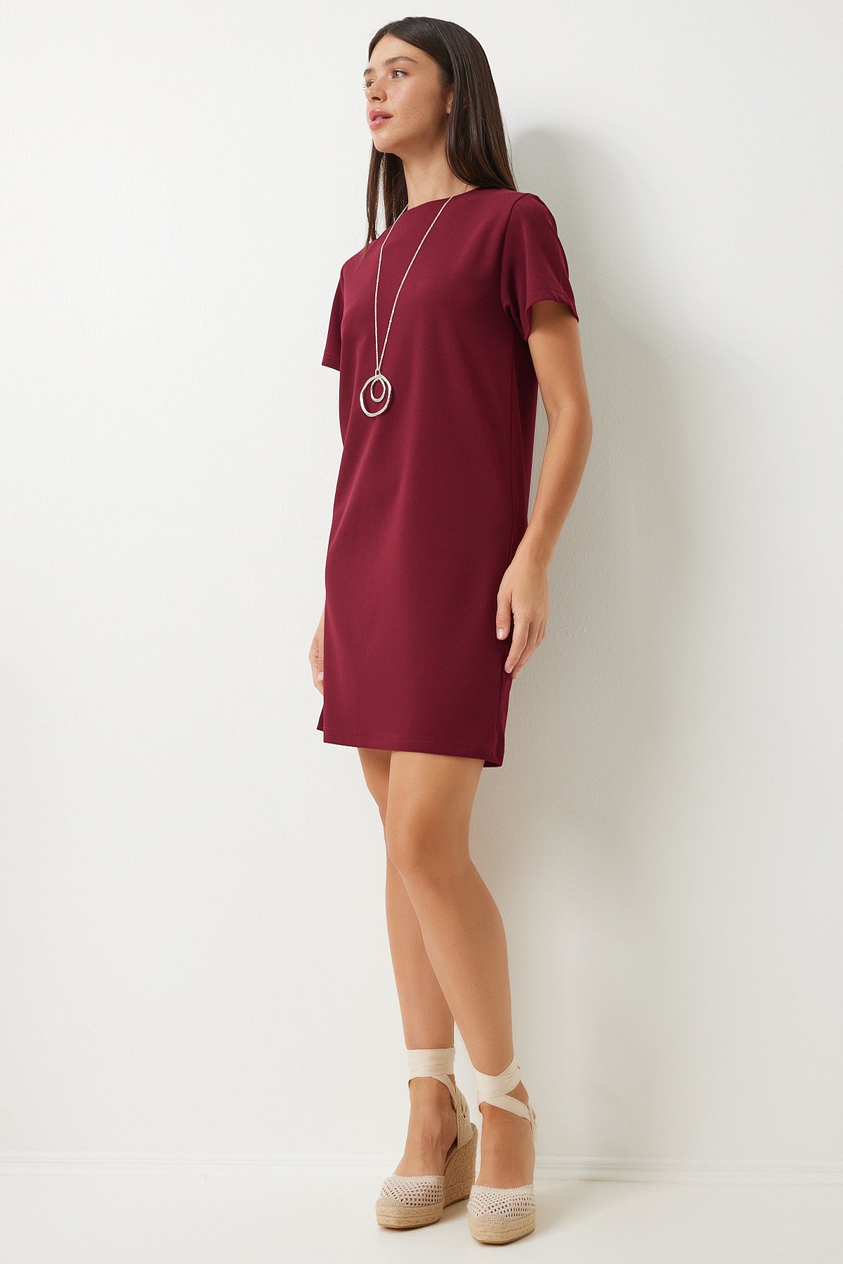 Bordo Bisiklet Yaka Basic Krep Elbise TO00136