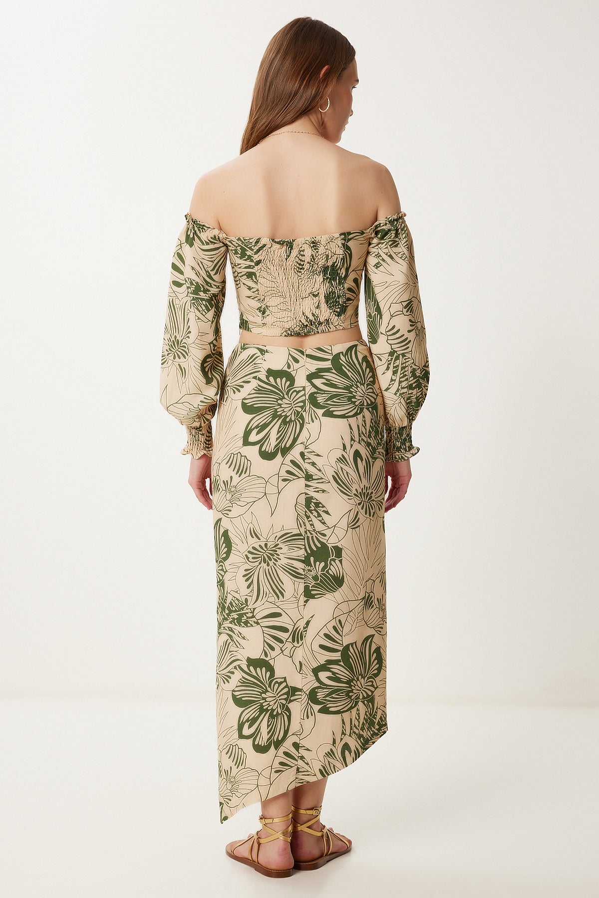Bej Haki Desenli Keten Crop Etek Takım WF00148