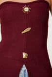 Bordo Gold Aksesuarlı Straplez Fitilli Örme Bluz ZV00331