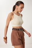 Krem Askılı Ajurlu Yazlık Crop Triko Bluz NS00429
