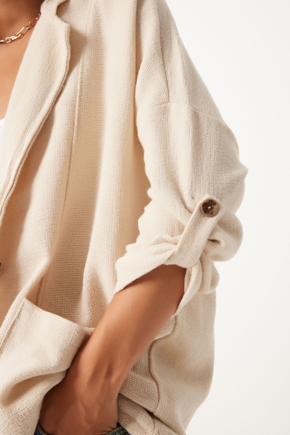 Krem Kapüşonlu Oversize Keten Ceket GP00007
