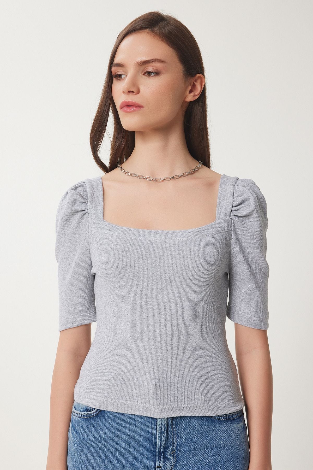 Gri Melanj Kare  Yaka Fitilli Crop Bluz GT00007