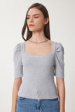 Gri Melanj Kare  Yaka Fitilli Crop Bluz GT00007
