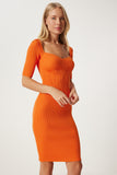 Oranj Kalp Yaka Fitilli Saran Mini Triko Elbise  FN03342