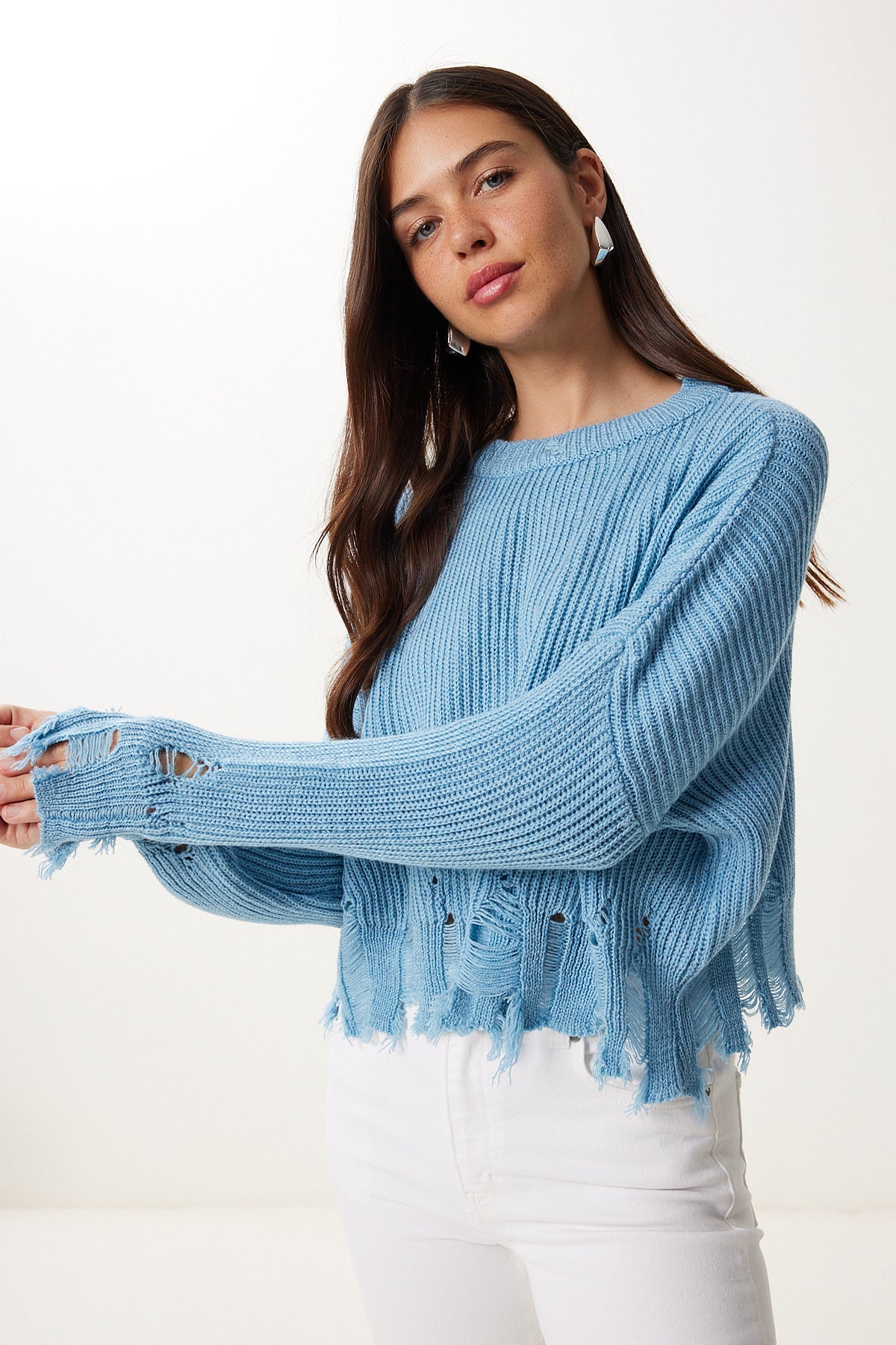 Mavi Yırtık Detaylı Oversize Triko Kazak ki00098