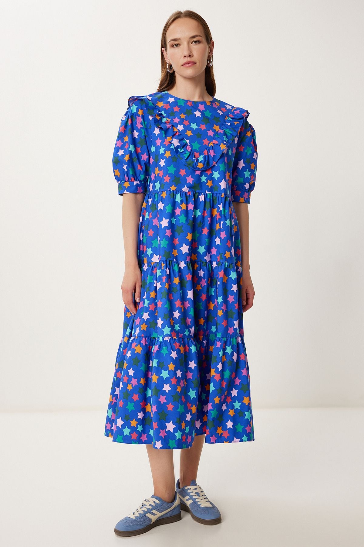 Koyu Mavi Desenli Yazlık Midi Poplin Elbise FK00032