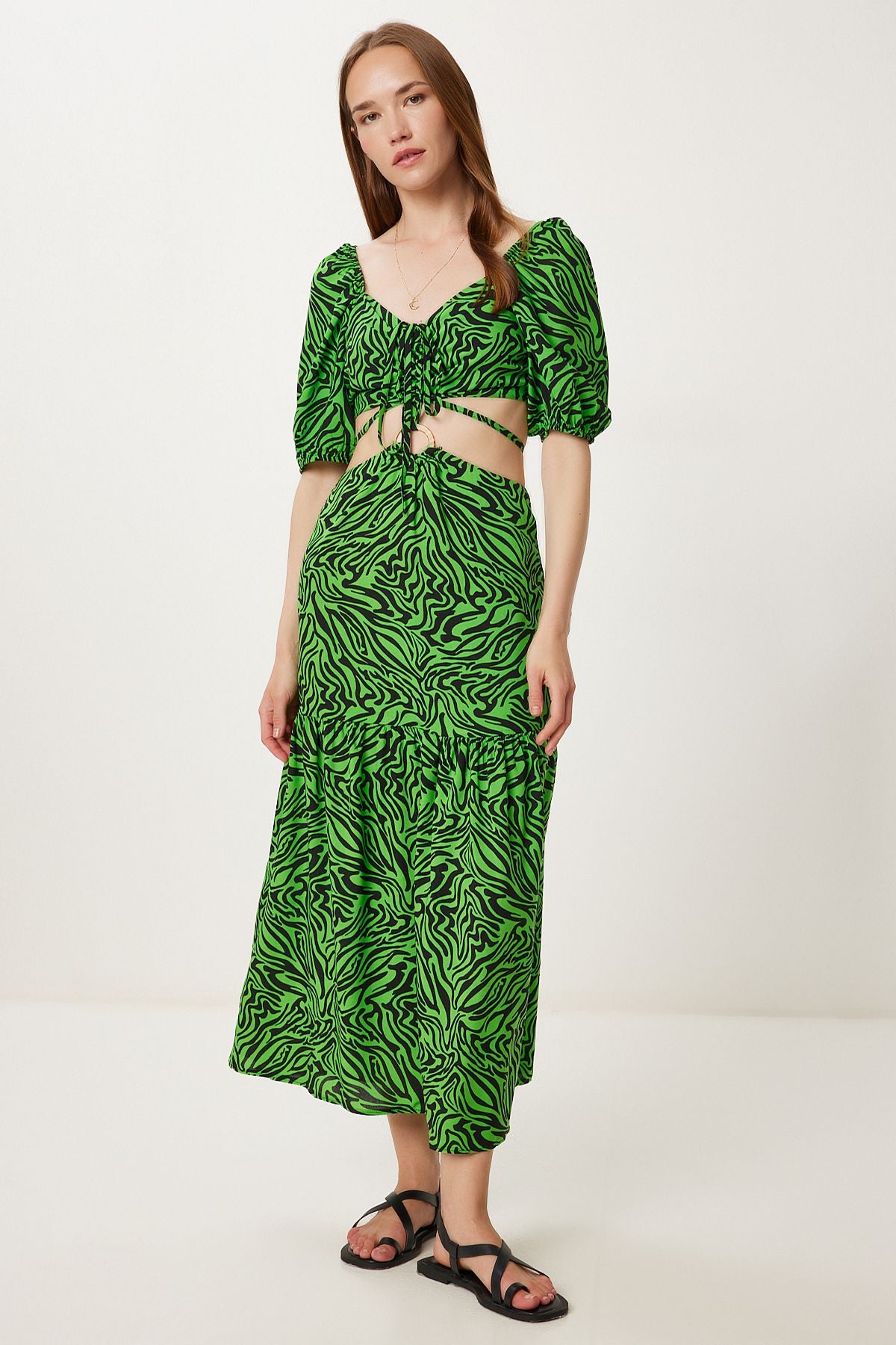 Yeşil Siyah Desenli Crop Bluz Etek Takım FK00033