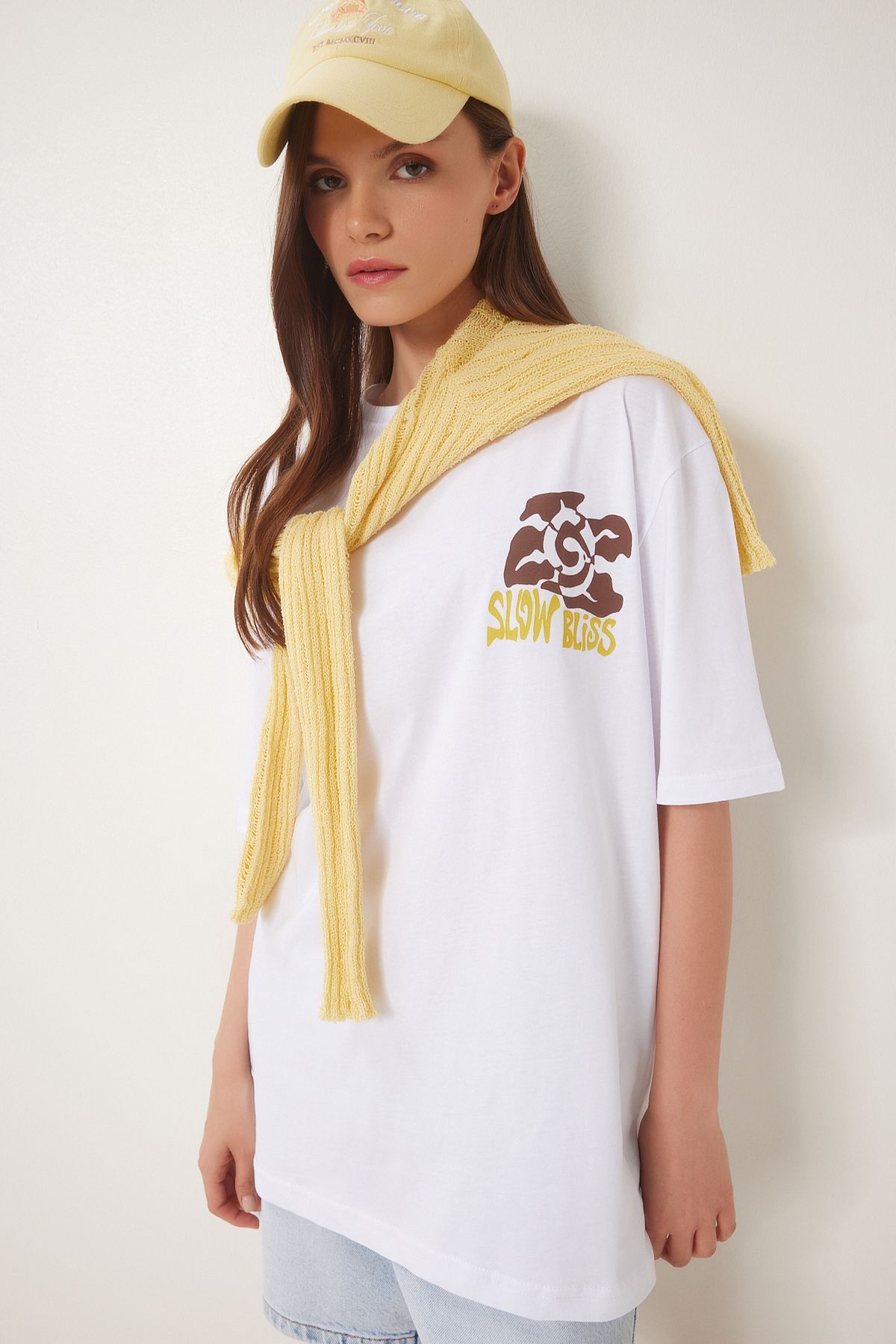 Beyaz Baskılı Pamuklu Örme T-Shirt ZV00300