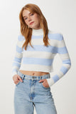 Ekru Mavi Çizgili Crop Fitilli Triko Kazak Kİ00158