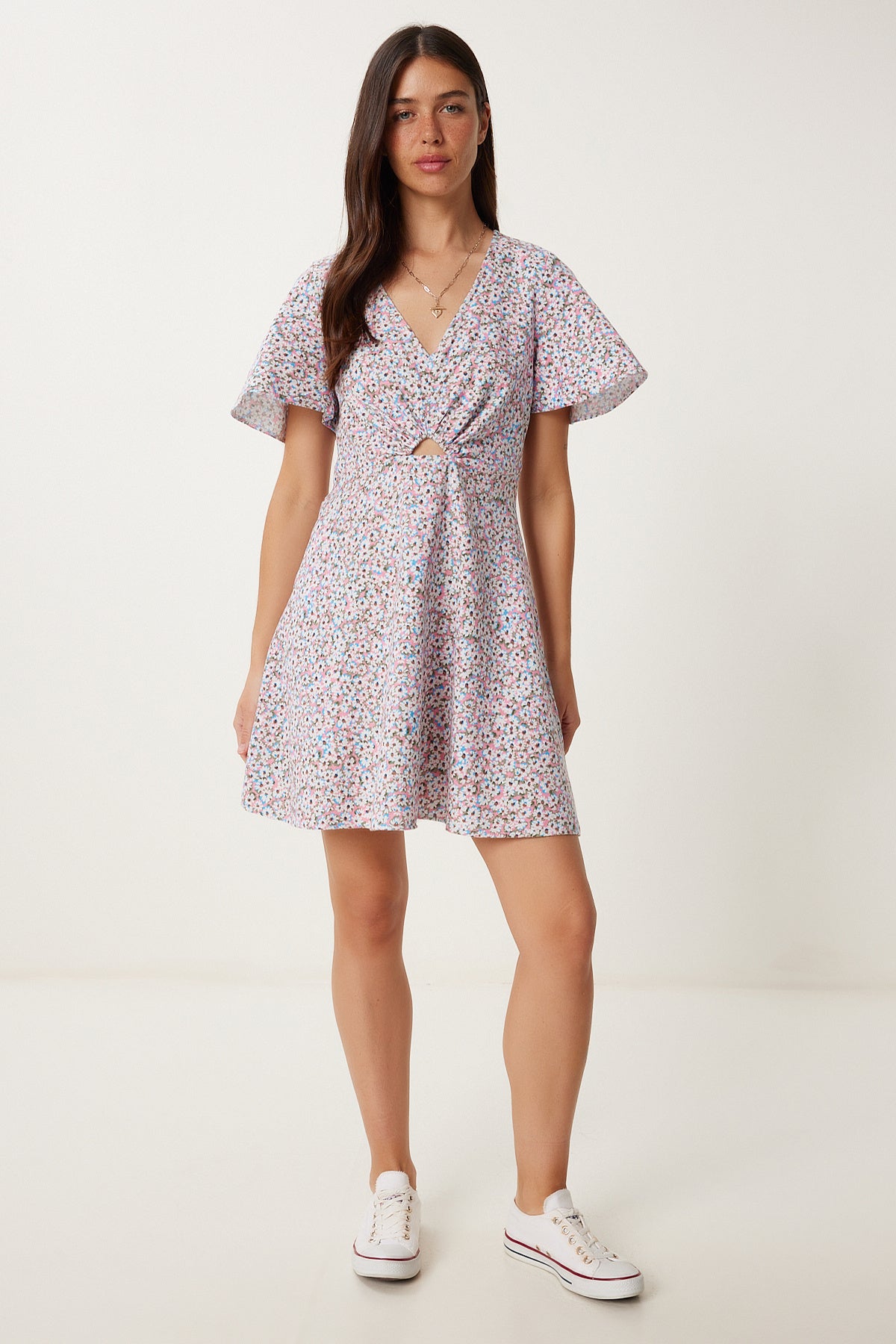 Pembe Çiçekli Yazlık Mini Keten Elbise FK00034