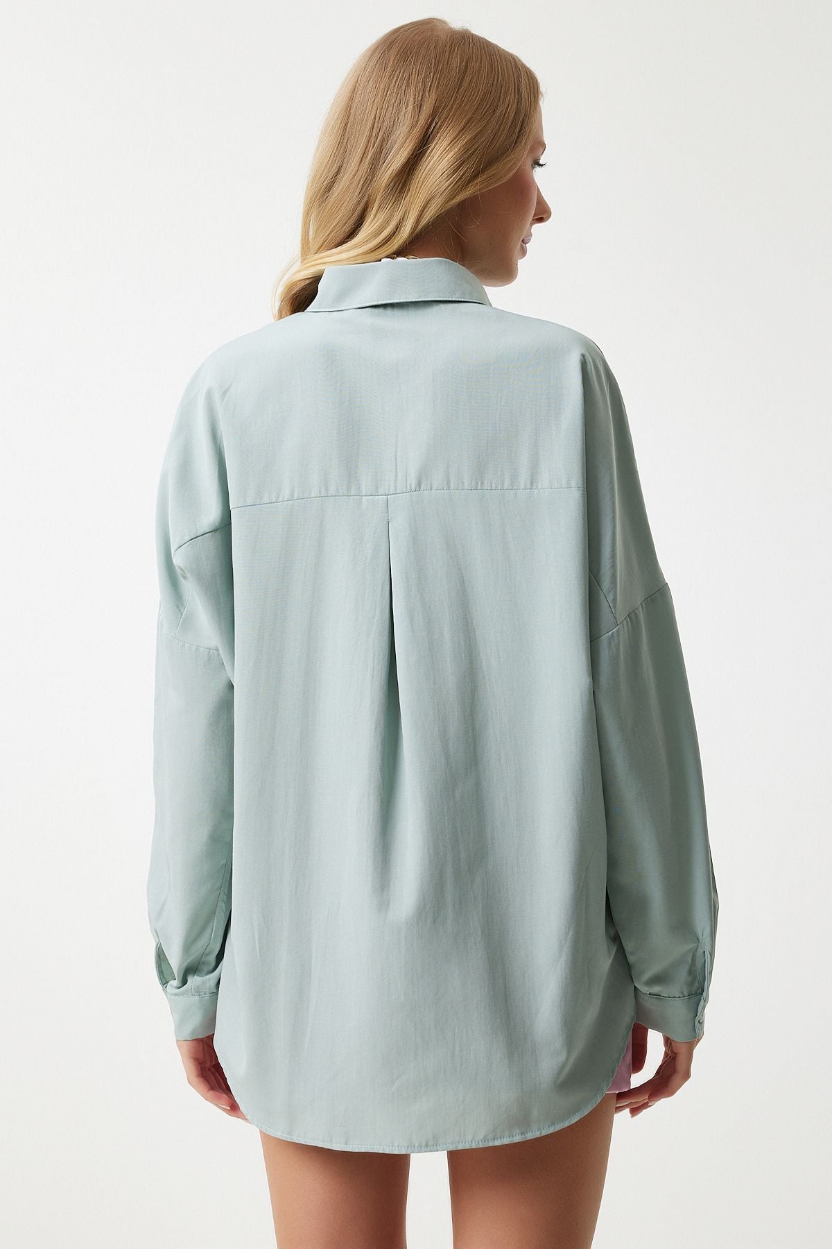 Çağla Yeşili Oversize Uzun Basic Gömlek MX00167