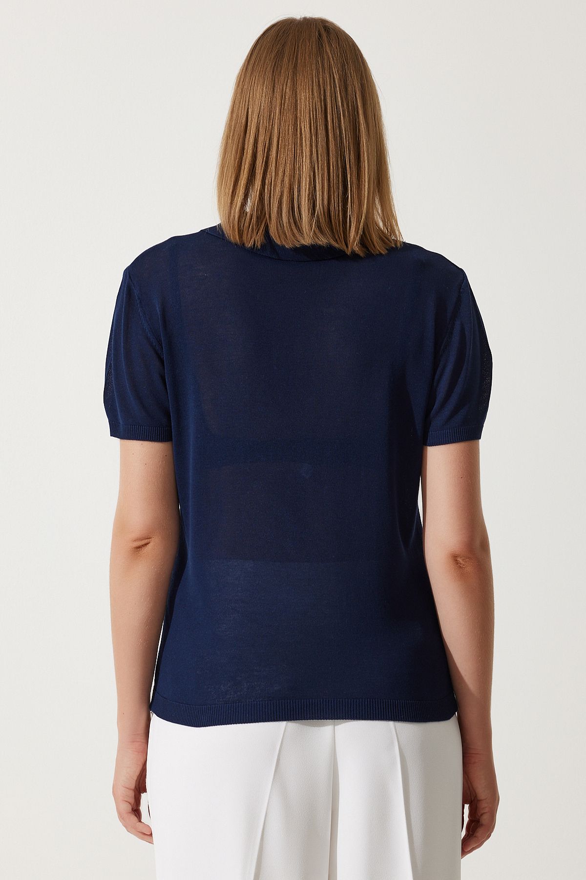 Lacivert Polo Yaka Hafif Transparan Yazlık Triko Bluz YY00209