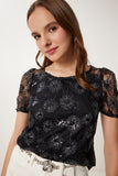 Siyah Pul İşlemeli Transparan Crop Bluz TP00065