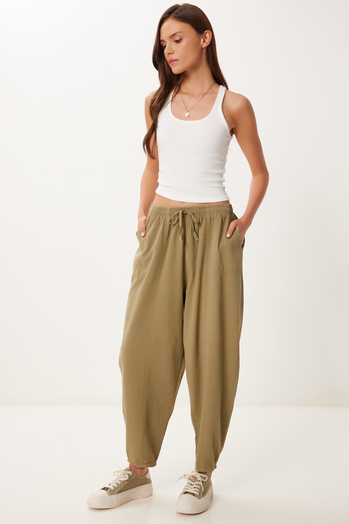 Zeytin Yeşili Cepli Gabardin Şalvar Pantolon MX00205