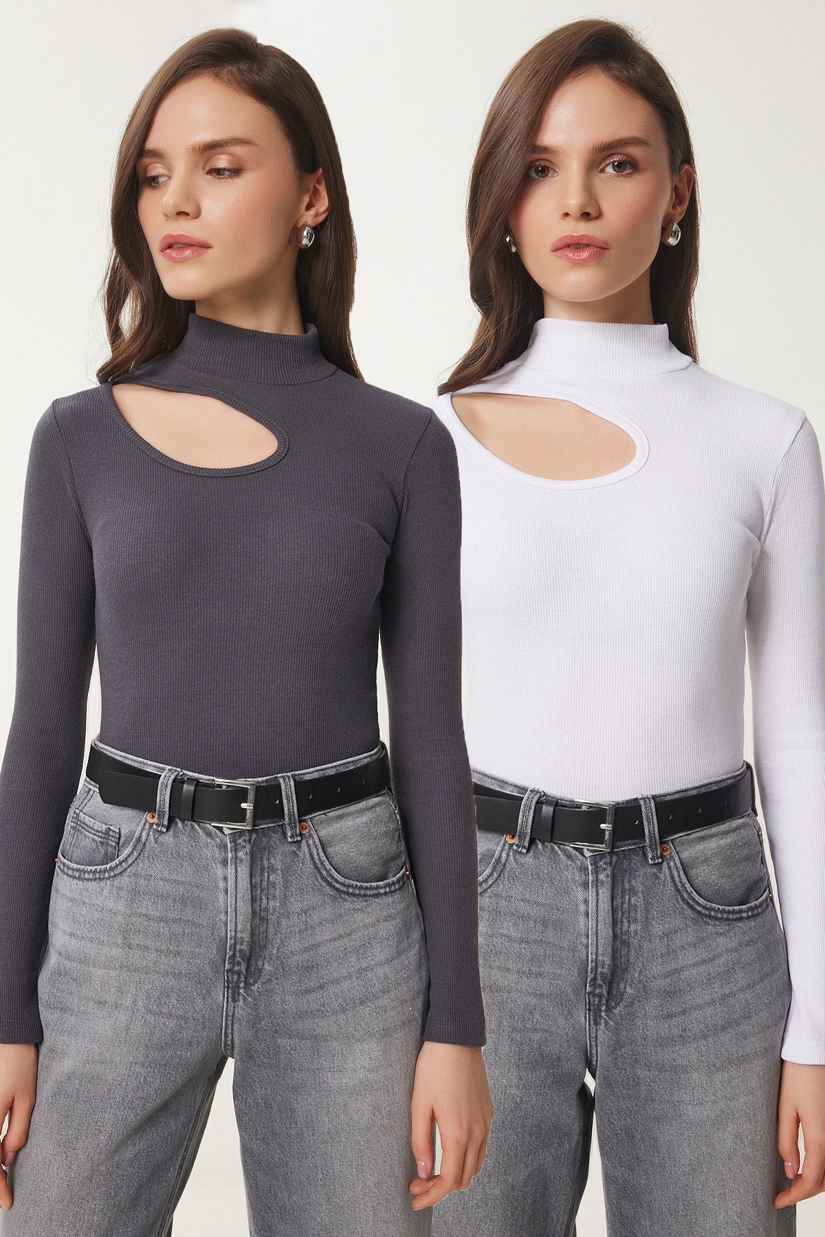 Antrasit Beyaz 2'Li Paket Cut Out Detaylı Fitilli Örme Bluz GT00235