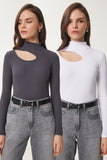 Antrasit Beyaz 2'Li Paket Cut Out Detaylı Fitilli Örme Bluz GT00235