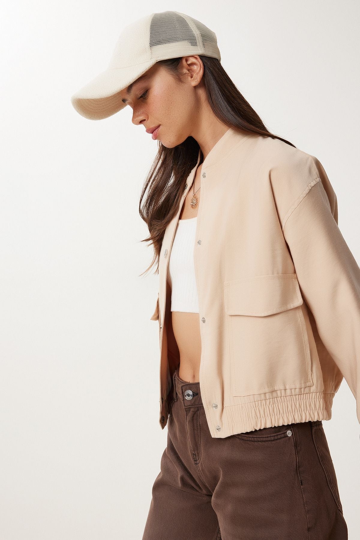 Krem Kapaklı Cepli Gabardin Bomber Ceket MX00235