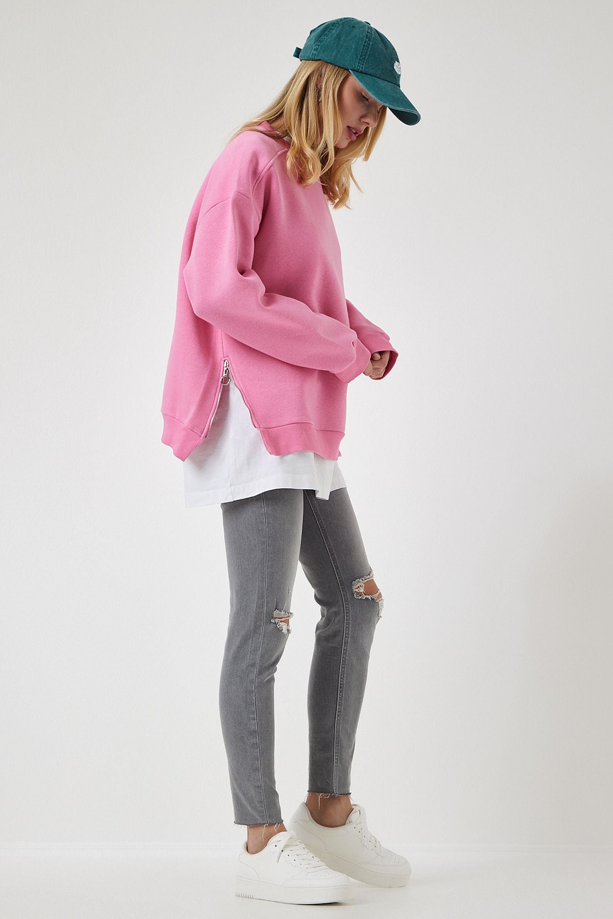 Açık Pembe Fermuar Detaylı Şardonlu Örme Sweatshirt UB00148