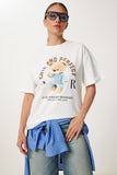 Ekru Baskılı Oversize Pamuklu Örme T-Shirt CR00508