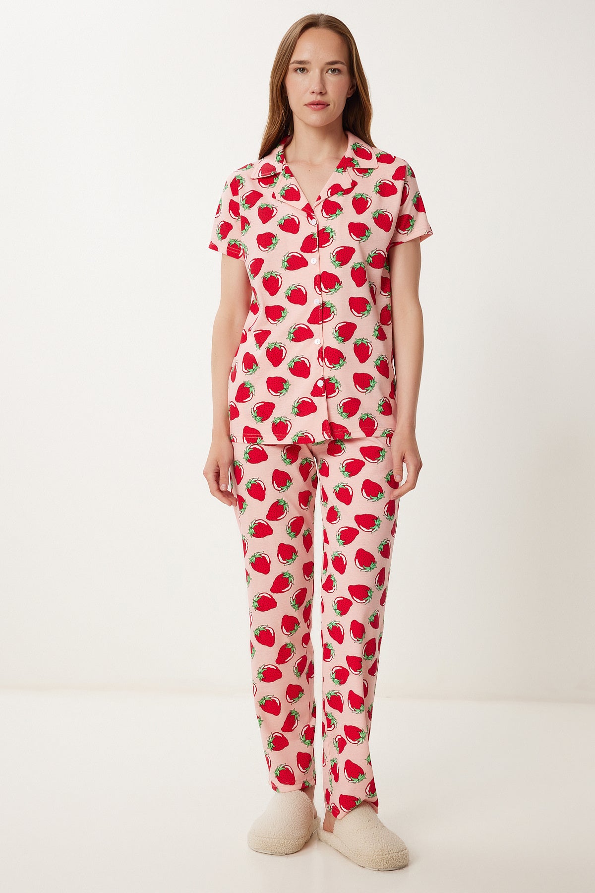 Pembe Kırmızı Desenli Gömlek Alt Örme Pijama Takımı FP00010