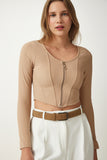 Bej Fermuarlı Fitilli Crop Bluz SF00006