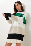 Yeşil Ekru Çizgili Oversize Triko Kazak MX00241