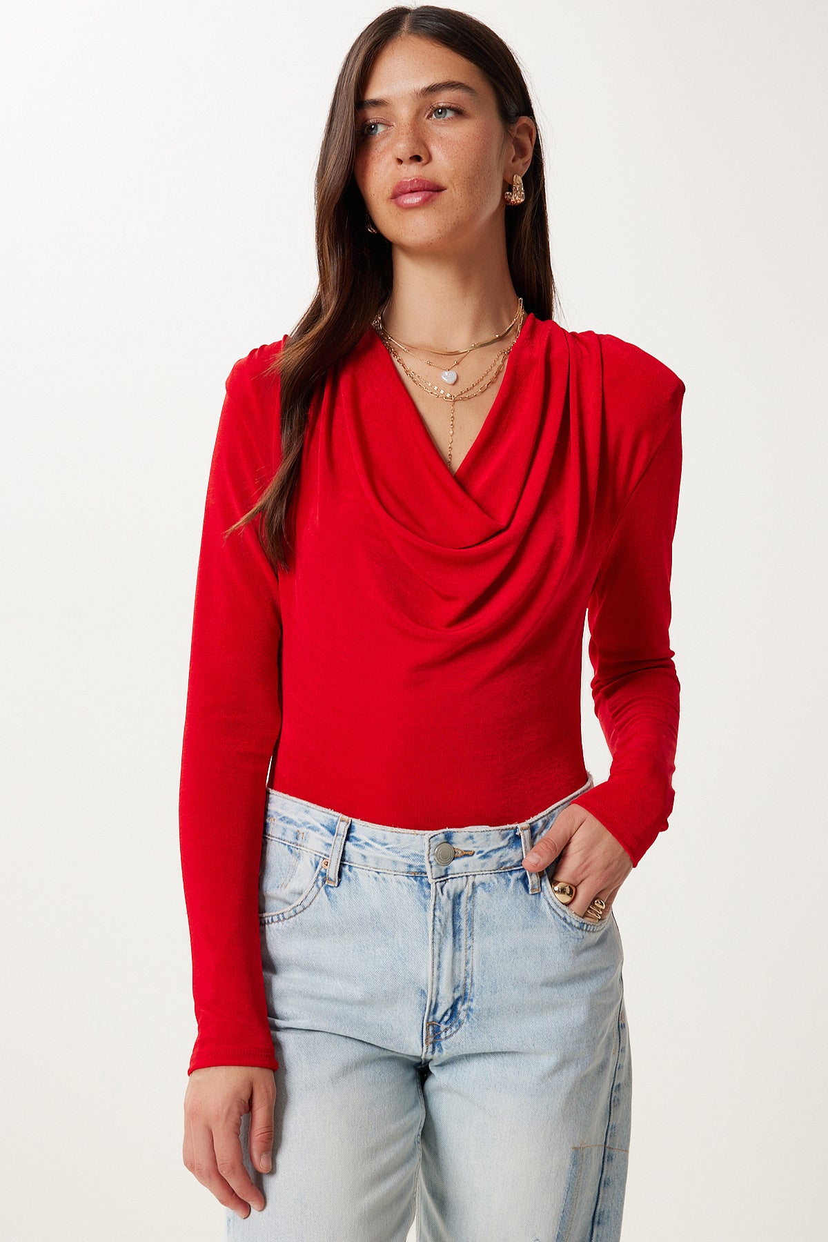 Kırmızı Vatkalı Degaje Yaka Örme Bluz RC00163
