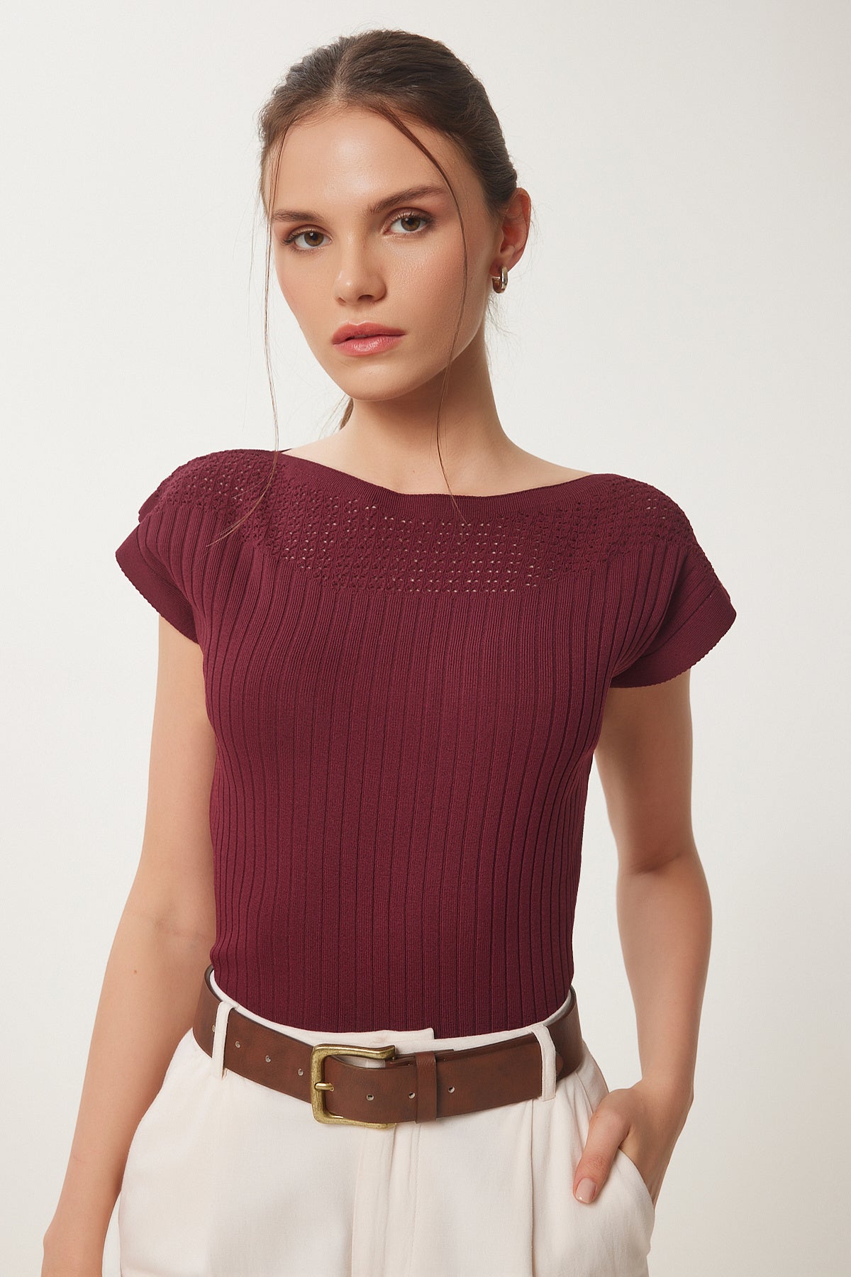 Bordo Ajurlu Yazlık Triko Bluz WA00002
