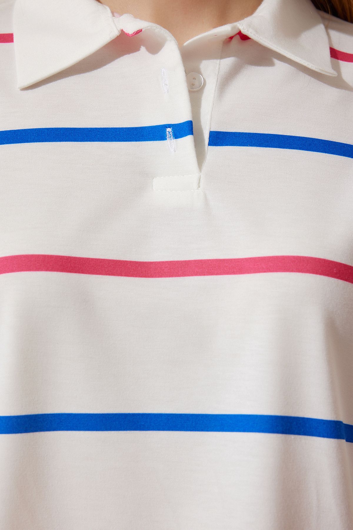 Ekru Pembe Polo Yaka Çizgili Kısa Örme T-Shirt HF00454