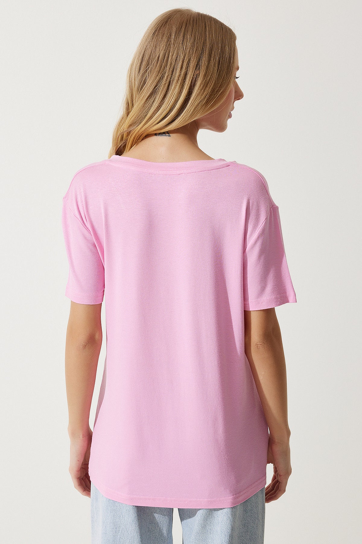Pembe V Yaka Basic Viskon Örme T-Shirt EN00613