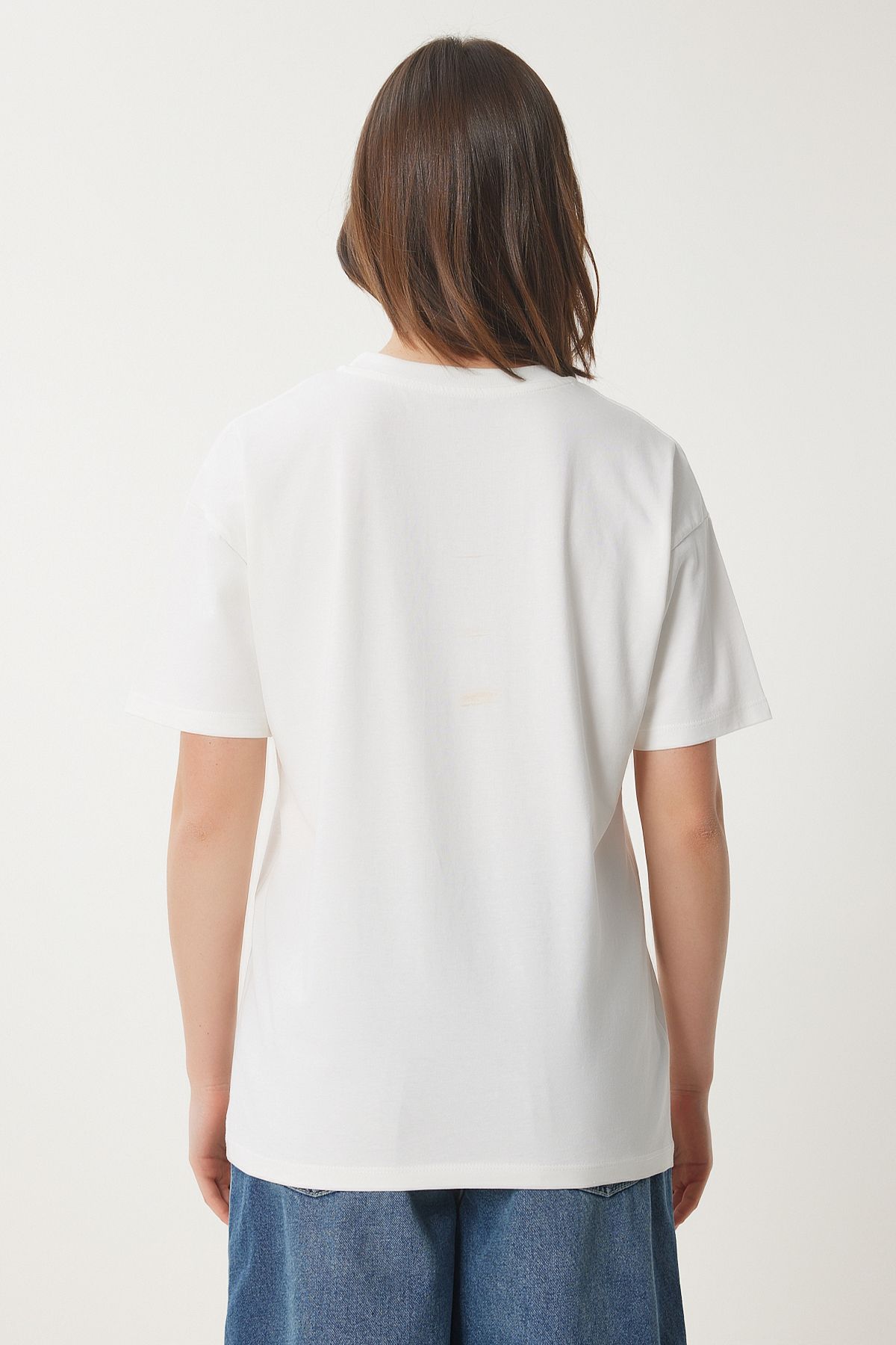 Ekru Ayıcık İşlemeli Pamuklu Oversize Örme T-Shirt CR00460