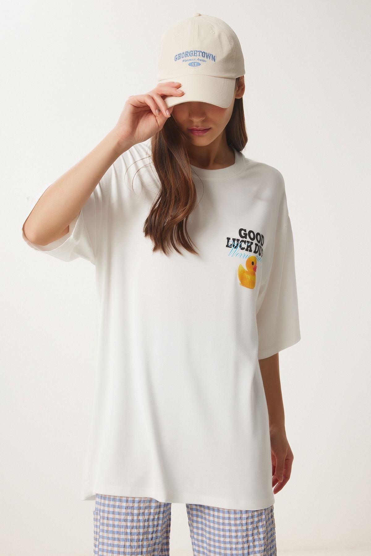 Ekru Oversize Baskılı Pamuklu Örme T-Shirt UB00372