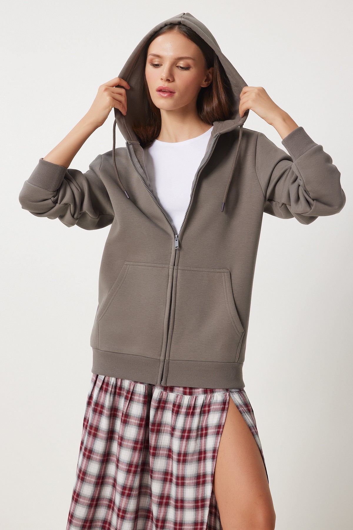Füme Kapüşonlu Şardonlu Fermuarlı Oversize Sweatshirt VN00016