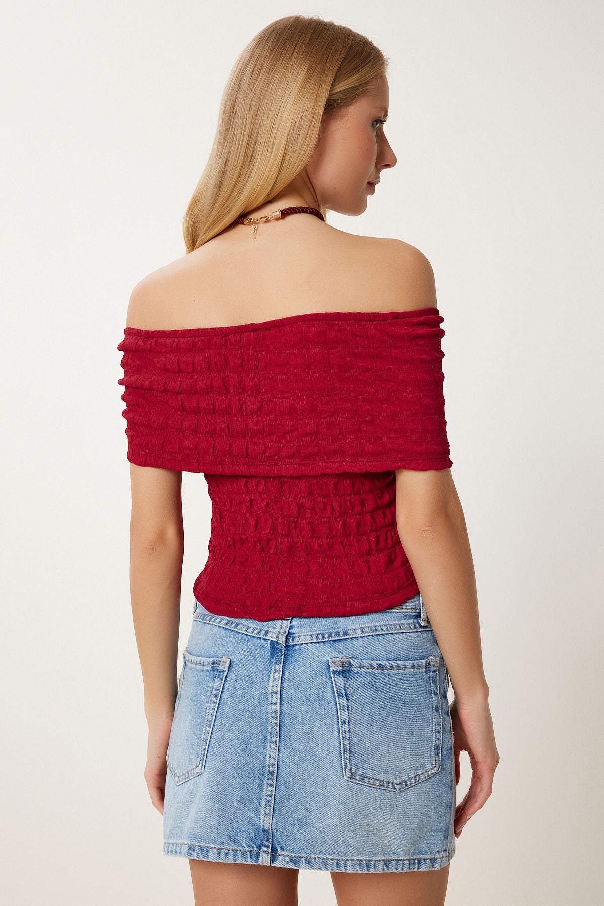 Bordo Kayık Yaka Dokulu Esnek Bluz AN00240