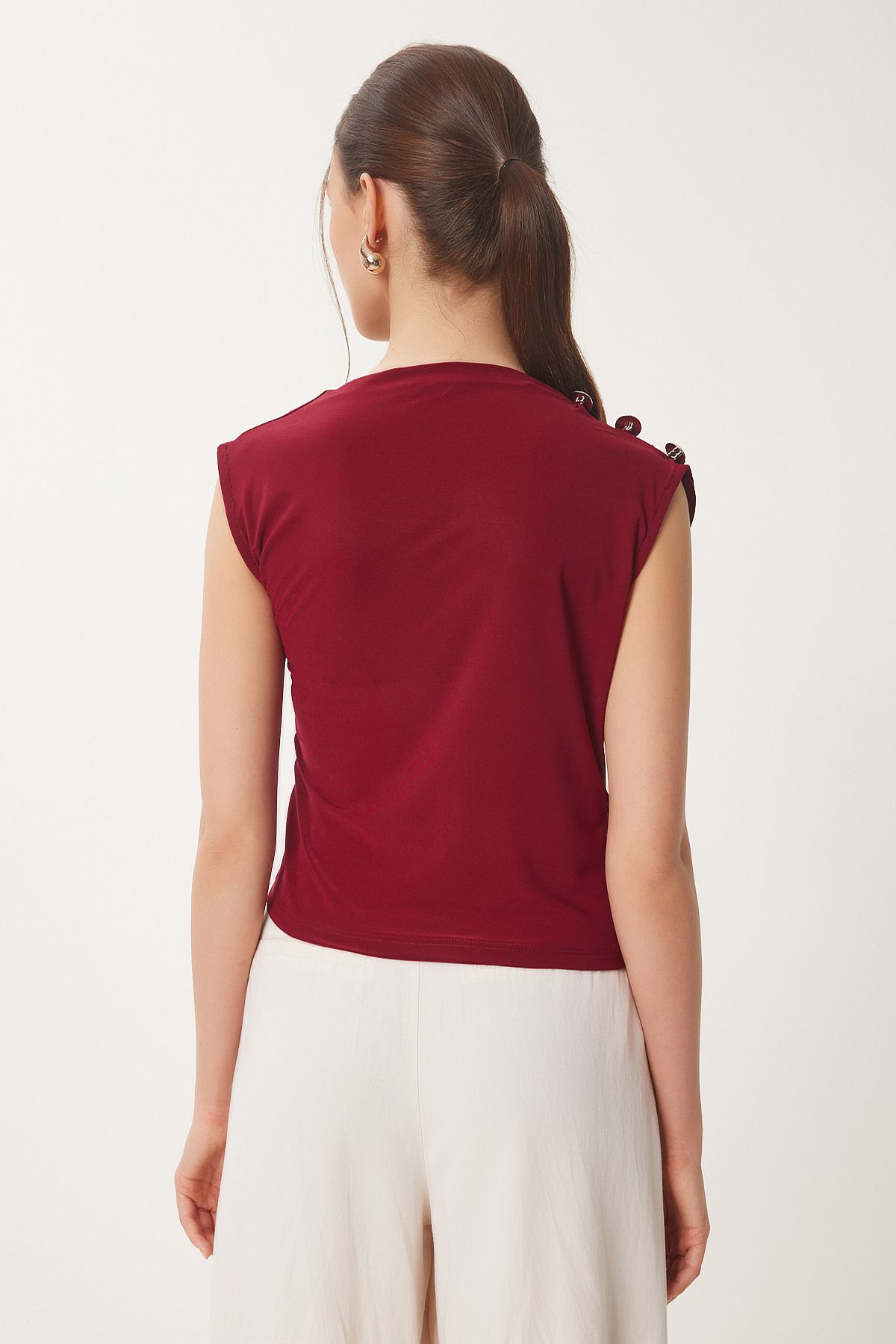 Bordo Drape Detaylı Düğmeli Sandy Bluz RX00056