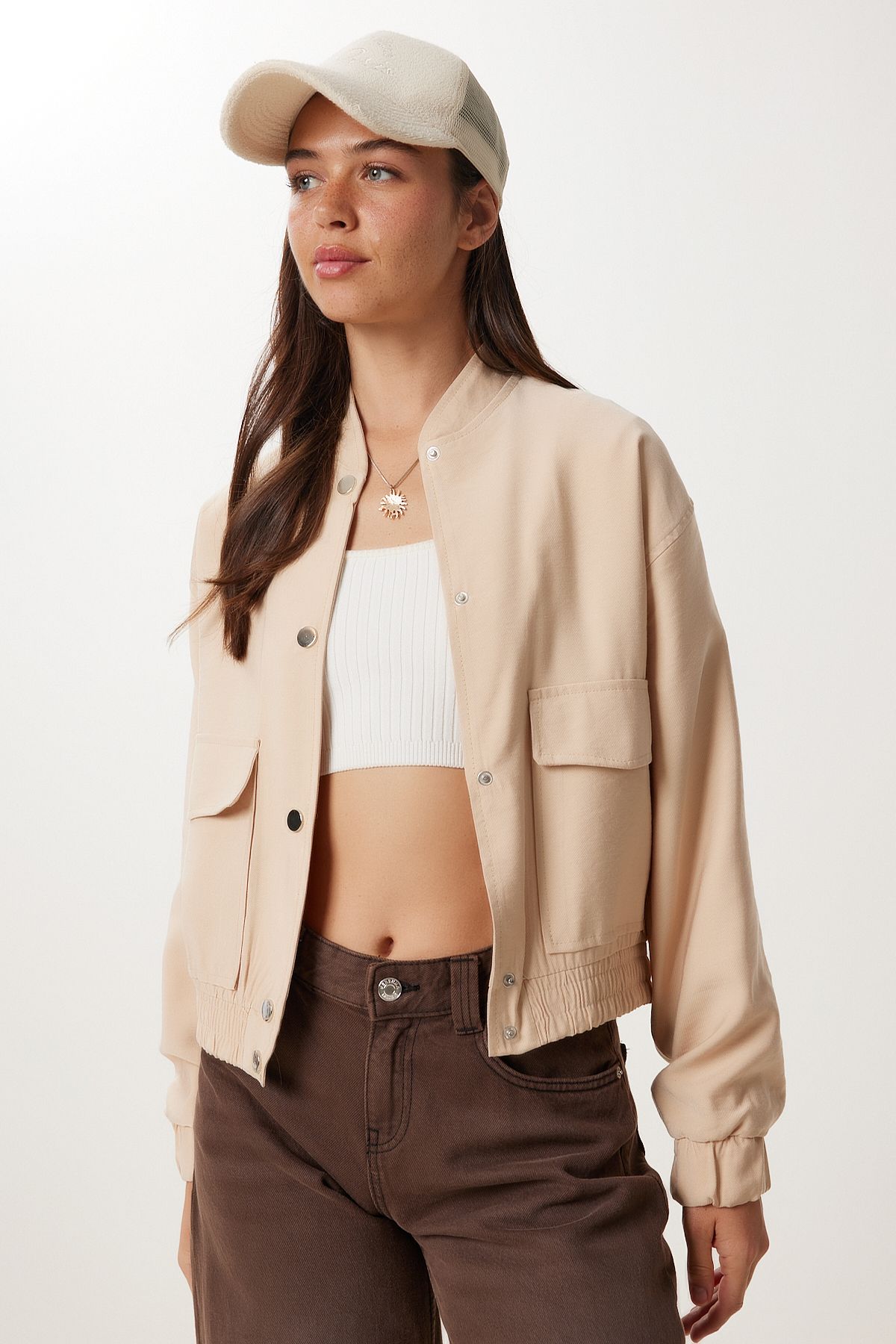Krem Kapaklı Cepli Gabardin Bomber Ceket MX00235