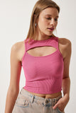 Pembe Cut Out Detaylı Fitilli Crop Örme Bluz KH00089